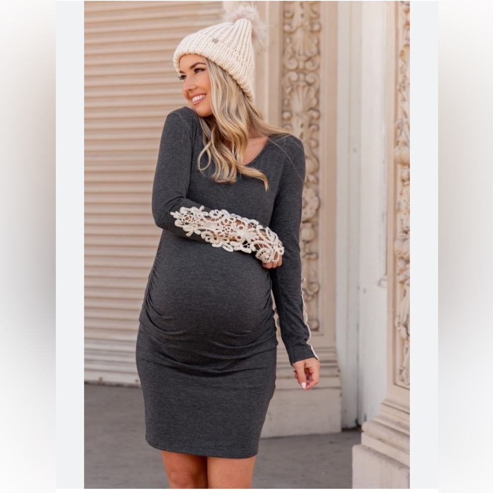 Pink Blush Maternity dress with crotchet lace detail on sleeves